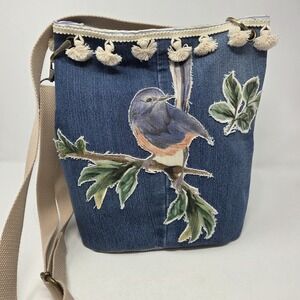 Handcrafted Upcycled Denim Bird Wildlife Tote HandBag Purse Adjustable Crossbody